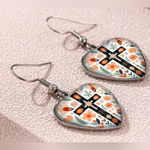 Colorful earrings Heart-Shaped Floral Cross Crystal Glass - Picture 3 of 6